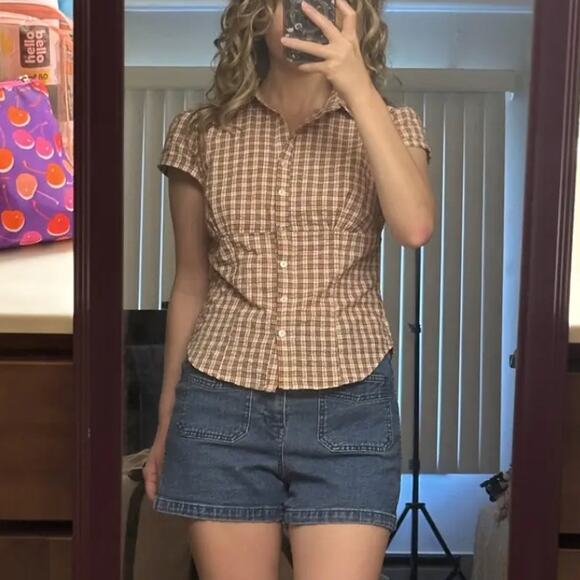 Lioness Brown Gingham Button Up Top XS Tailored Picnic Plaid Cottage Preppy $59 - Picture 4 of 13